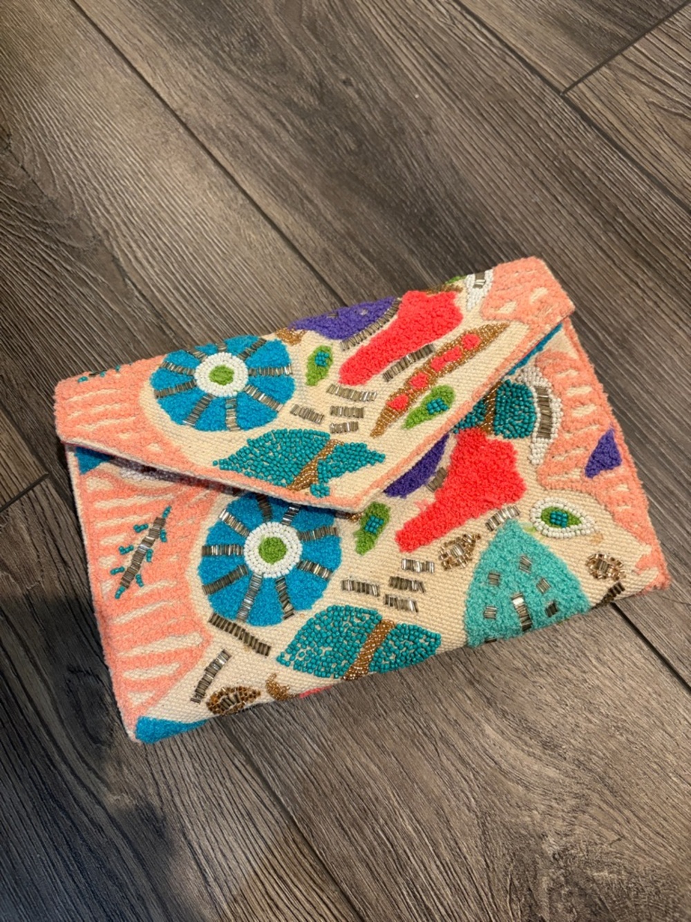 America & Beyond Embroidered Coral Beaded Envelope Clutch